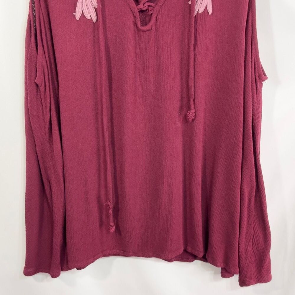 HIP Plus Size 2X Tank Top Burgundy Gauzy Lace Up‎ Embroidered Flowy Boho 1537 - Picture 4 of 6